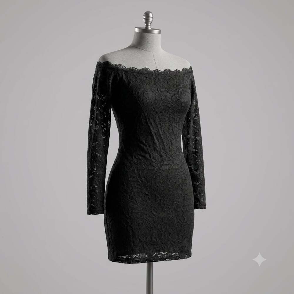 Women's Black Off-Shoulder Long Sleeve Lace Mini Dress